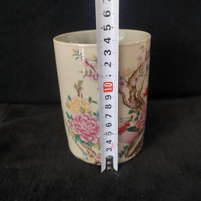 Chinese Ceramic Pot,Tongzhi Marked Famille Rose Porcelain Brush Pot Hand Painted Phoenix and Birds Pattern For Sale - Image 10 of 11