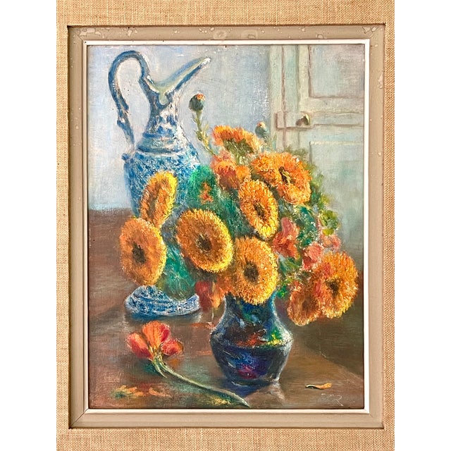 French Mid-Century Floral Still Life in Orange and Blues Oil on Board, Initialed, Dated 1957 For Sale - Image 11 of 13