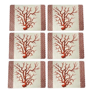 Vintage Italian Placemats With Red Coral and Geometric Border - Set of 6 For Sale