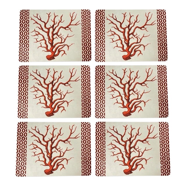 Vintage Italian Placemats With Red Coral and Geometric Border - Set of 6 For Sale