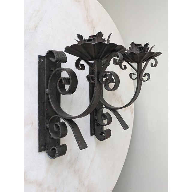 Mid 20th Century Vintage Spanish Revival Large Wrought Iron Candle Wall Sconces For Sale - Image 5 of 7