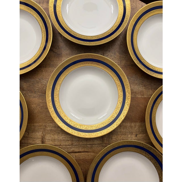 Early 20th Century A. Lanternier & Co. Limoges Cobalt Blue and Heavily Gilded Gold Trim Rim Soup Bowls- Set of 8 For Sale - Image 10 of 10