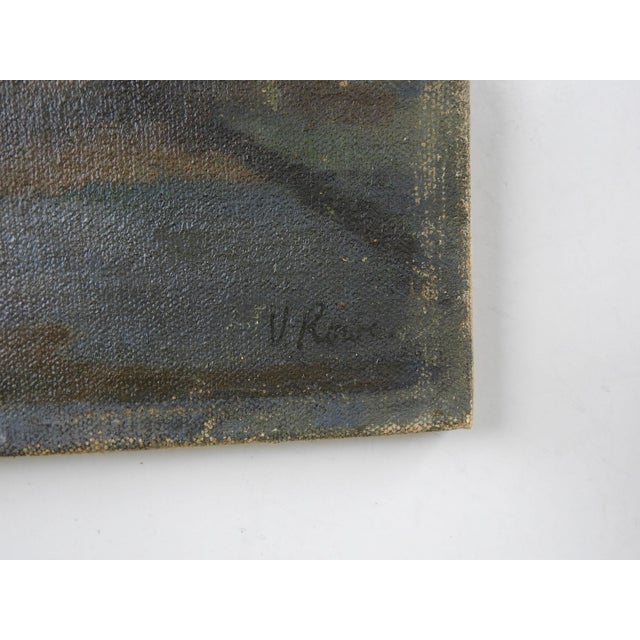 Vintage mid 20th century oil on canvas surreal night scene. Signed illegibly lower right corner. Unframed, edge wear.