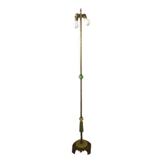 Early 20th Century Art Deco Green Uranium Glass and Darkened Brass Double Socket Floor Lamp For Sale