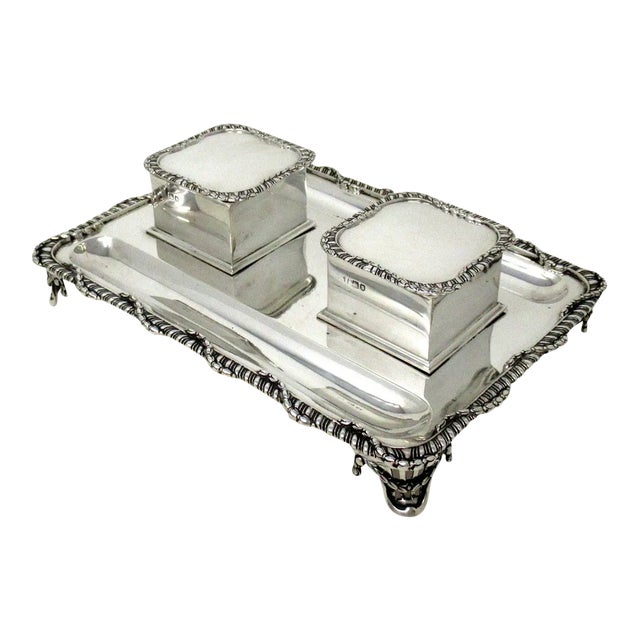 Antique Art Deco English Sterling Silver Ink Desk Inkstand Desk Set London 1910 For Sale