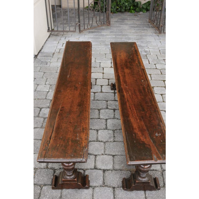 Two English Georgian Period Walnut Benches with Turned Legs and Cross Stretcher For Sale - Image 4 of 12