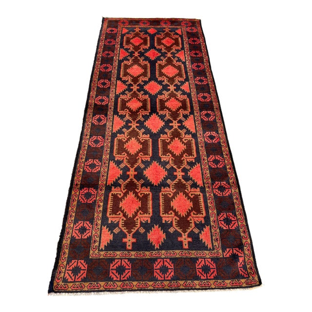 Vintage Afghan Hand-Knotted Runner Rug With Bold Geometric Pattern Rug 4'0x9'5 For Sale