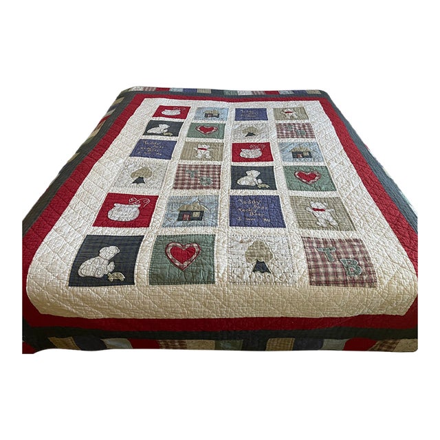 Vintage 1980's Charming Teddy Bear Applique Patchwork Quilt For Sale