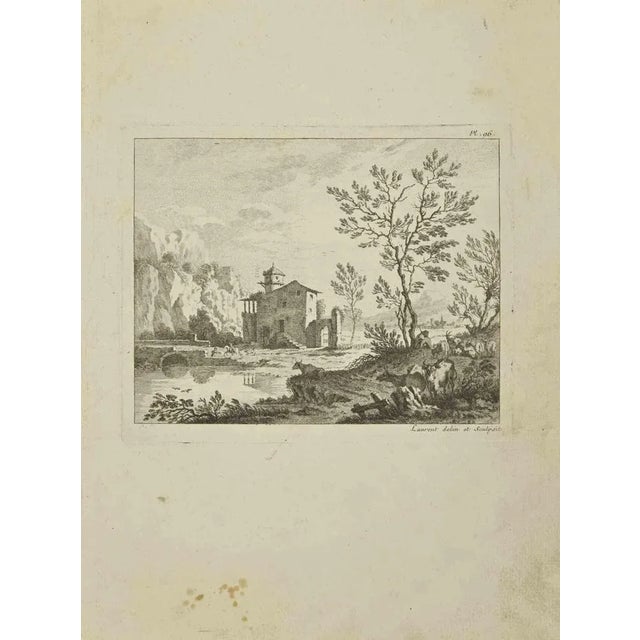 Landscape is an etching realized by Pierre-François Laurent in 1755. Good condition. Signed on Plate. The artwork is...