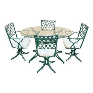 Vintage Hollywood Regency Faux Bamboo Lattice Metal Green Dining Set - 5 Pc Set For Sale