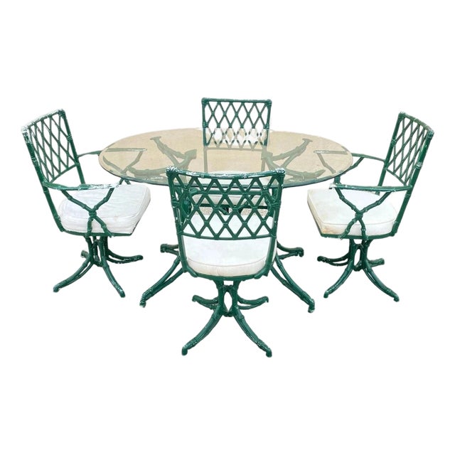 Vintage Hollywood Regency Faux Bamboo Lattice Metal Green Dining Set - 5 Pc Set For Sale