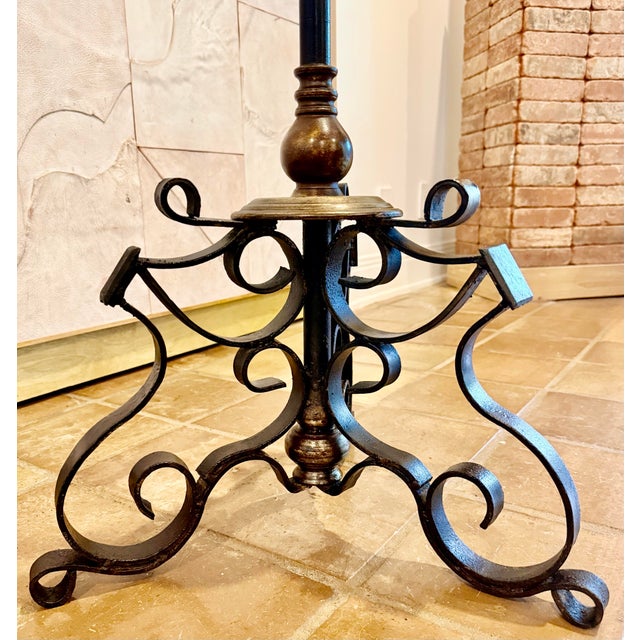 Spanish Revival 1940’s Heavy Vintage Spanish Revival Tripod Floor Lamp With Ornate, Hand-Forged Wrought Iron & Bronze Scrollwork For Sale - Image 3 of 12