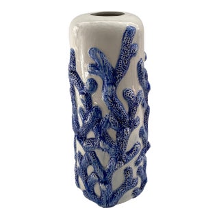 Blue Coral on White Glazed Ceramic Vase For Sale