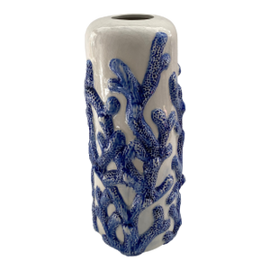 Blue Coral on White Glazed Ceramic Vase