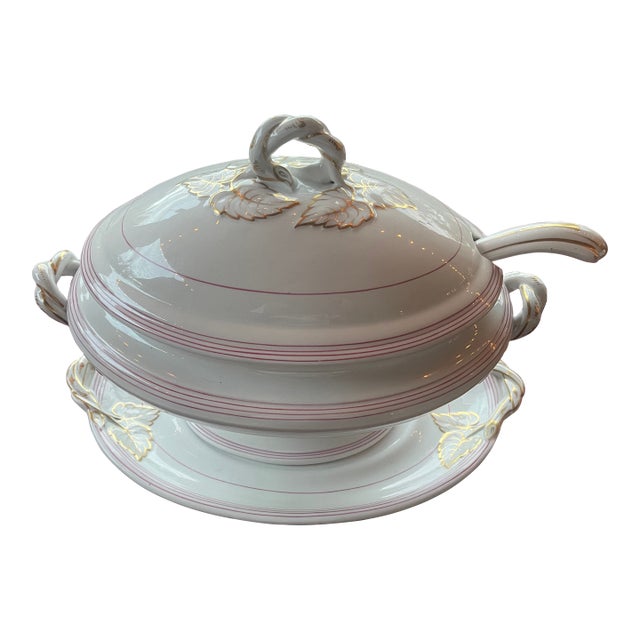 Antique Wales Cardiff Swansea Porcelain White Gold Leaf Tureen Under-Plate & Ladle For Sale