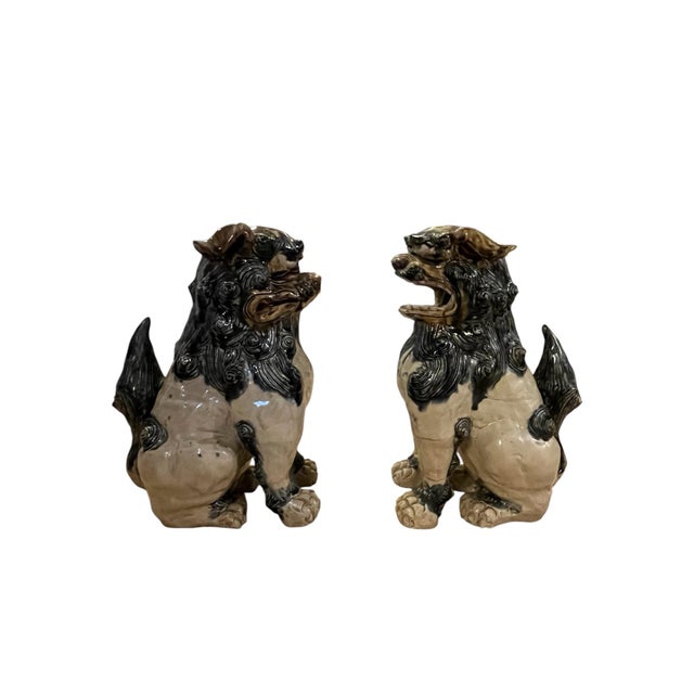 Blue Large Mid-Century Chinese Ceramic Foo Dog Guardian Lion Pair — Tortoiseshell Glaze For Sale - Image 8 of 12