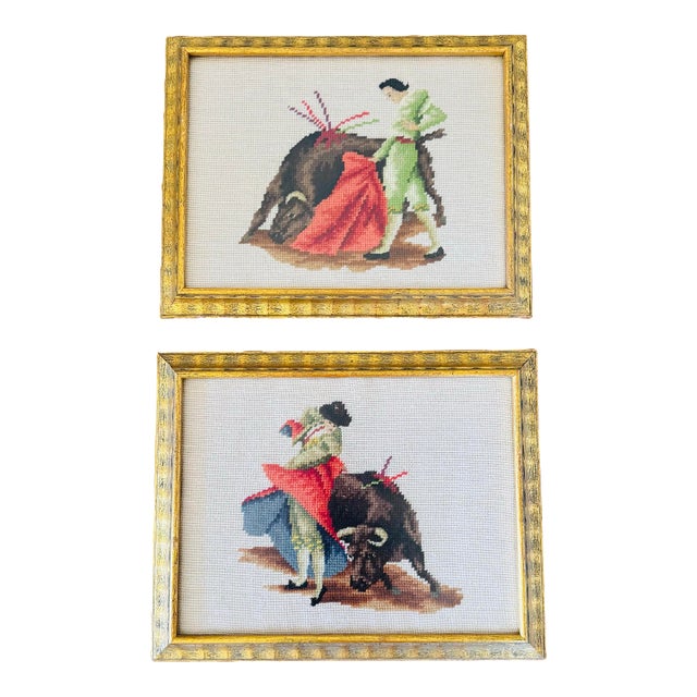 Vintage Pair of Framed Bull Fighting Matador Needlepoints- Needlepoint Matadors For Sale