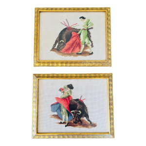 Vintage Pair of Framed Bull Fighting Matador Needlepoints- Needlepoint Matadors
