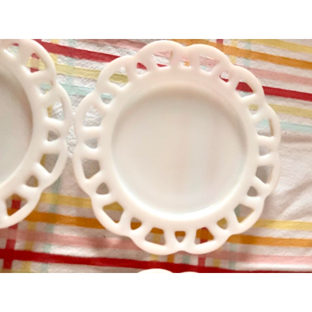 1950s Hazel-Atlas White Milk Glass Open Lace Edge Luncheon Plates, Set of 4 – 8.25” For Sale - Image 5 of 8