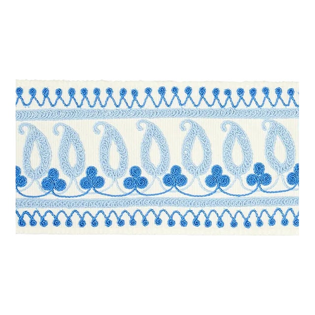 Sample - Schumacher Paisley Embroidered Tape in Blues For Sale