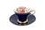 A striking cobalt blue Aynsley bone china corset-shaped teacup and saucer, decorated inside the cup with a large pink...