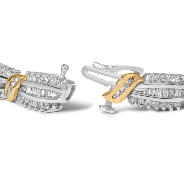 Envelop your wrist in the epitome of elegance with this exquisite two-tone gold diamond bracelet, where the dance of light...