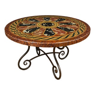 Large Round Wrought Iron Table with Scagliola-Style Painted Wooden Top, 1920s For Sale