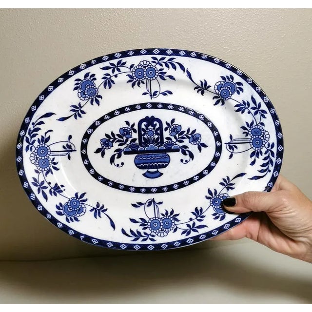 Antique Staffordshire Potteries English Platter With Blue Transferware Decorations For Sale - Image 12 of 13