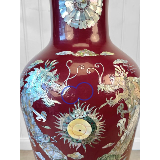 Vintage 41" Chinese Chinoiserie Red Enamel & Mother of Pearl Inlay Dragon Floor For Sale - Image 6 of 10