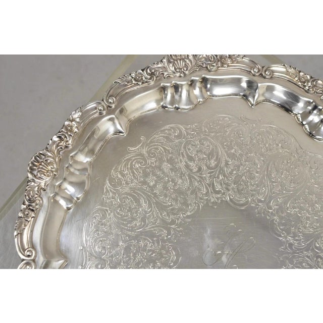 Silver Vintage Epca Silverplate by Poole 3216 Round Silver Platter Tray - Engraved For Sale - Image 8 of 11