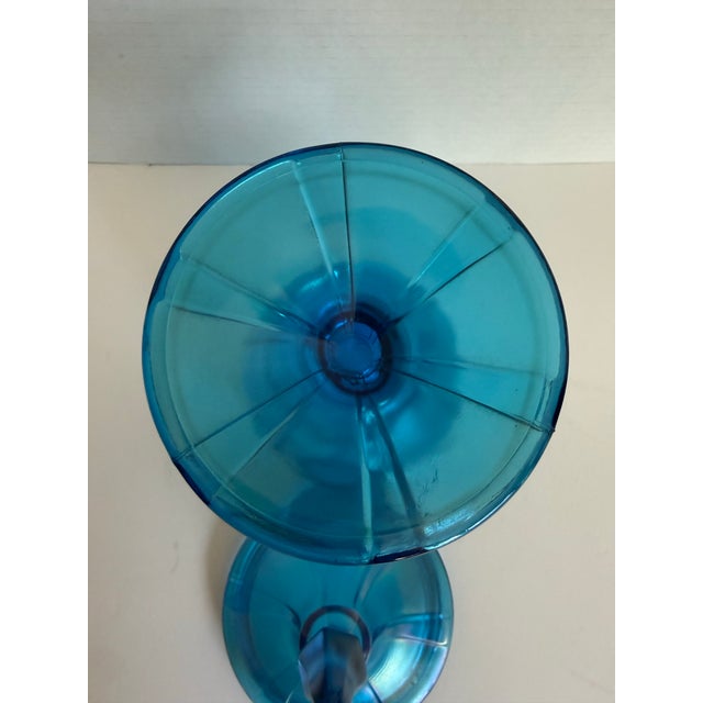 Blue Early 20th Century Iridescent Peacock Blue Lidded Pedestal Candy Jar, Attributed to Fenton For Sale - Image 8 of 11