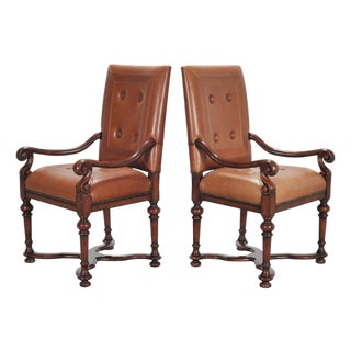 Pair of Louis XIII Baroque Style Mahogany Leather Armchairs For Sale