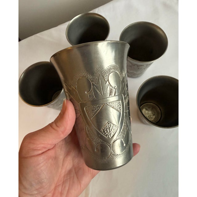 Mid-Century Modern Vintage Set of 5 Heraldic Crest Style Mecap Pewter Tumbler Cups Made in Belgium For Sale - Image 3 of 8