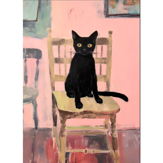 Contemplative Black Cat on Chair - Pink and Cream Room Decor Art Print, 9x12 For Sale
