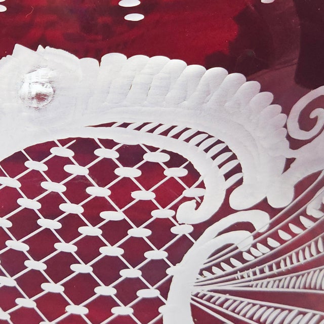 Glass Vintage Egermann Ruby Cut to Clear Crystal Pitcher: Bohemian Stag Design For Sale - Image 7 of 12