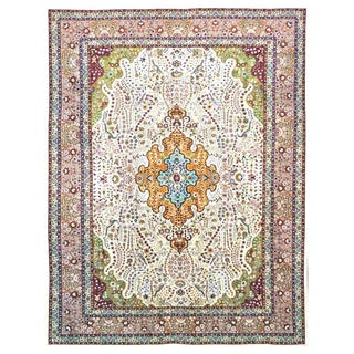 Antique Persian Tabriz Pahlavi Wool 10X13 Ivory, Green, Pink & Taupe Handmade Area Rug #9902869 For Sale