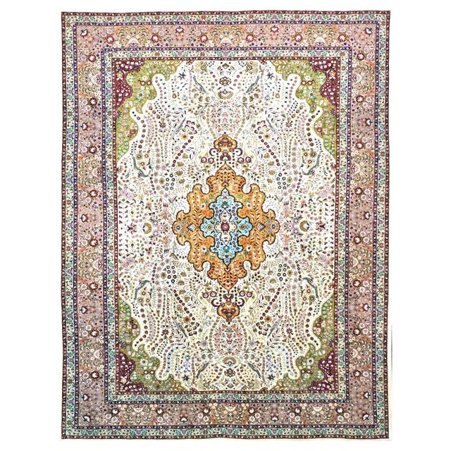 Antique Persian Tabriz Pahlavi Wool 10X13 Ivory, Green, Pink & Taupe Handmade Area Rug #9902869