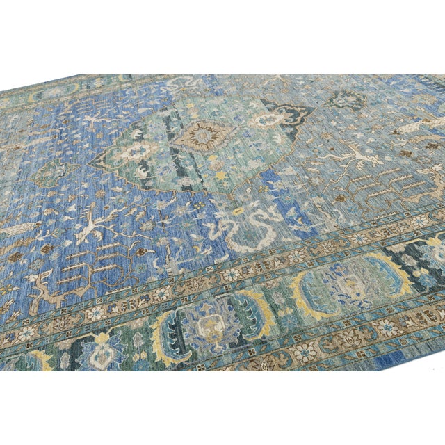 Yellow Modern Tabriz Style Medallion Wool Area Rug – Vibrant Blue, Sage Green & Yellow For Sale - Image 8 of 12