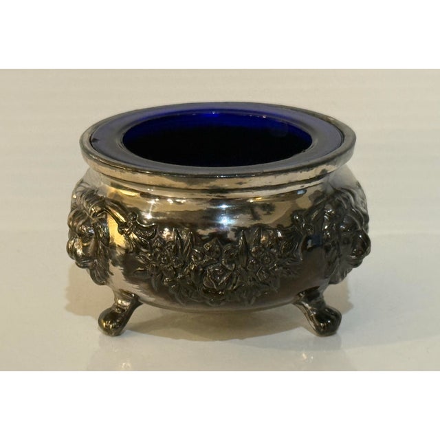 Victorian Vintage Silverplate & Cobalt Glass Footed Salt Cellar / Decorative Vanity Bowl For Sale - Image 3 of 12