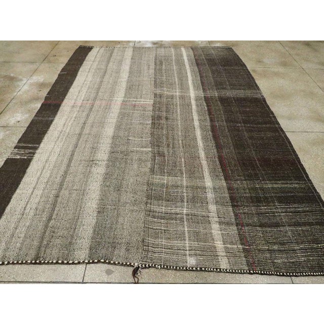 Mid 20th Century Galerie Shabab Collection Mid-20th Century Turkish Tribal Kilim Room Size Carpet in Charcoal and Brown For Sale - Image 5 of 10