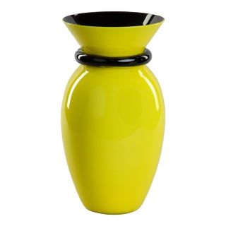 Daffodil Yellow and Black VeArt Signed Murano Vase For Sale