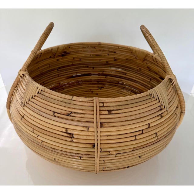 1980s Oversized Handwoven Pencil Reed Rattan Basket With Handles For Sale - Image 5 of 7