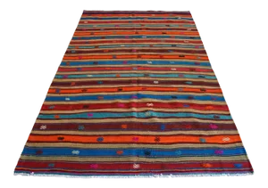 1960s Vintage Hand Woven Turkish Kilim Rug Colorful Flat Weave Area Rug