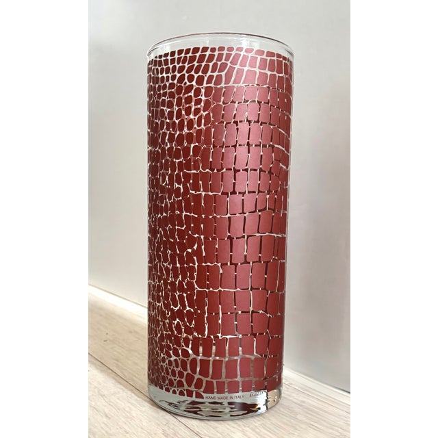 Glass Circa 1995 Egizia Italy Contemporary Abstract Dark Red Screen-Printed Pattern on Colorless Cylindrical Glass Vase For Sale - Image 7 of 14