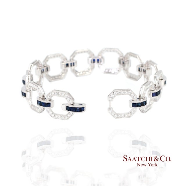 Early 21st Century 18k Sapphire Diamond Bracelet Womens White Gold 7.42in Milgrain Art Deco For Sale - Image 5 of 9