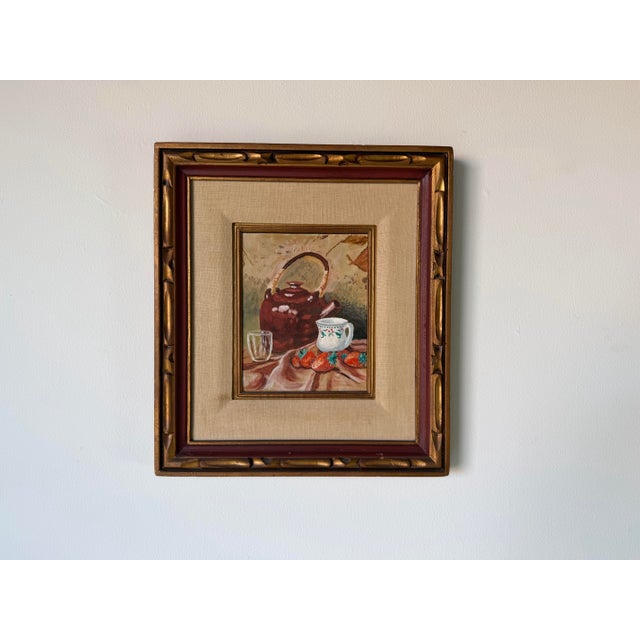 1970s Vintage Still Life Oil on Board Painting of Teapot, Strawberries & Mug – Framed For Sale - Image 11 of 11