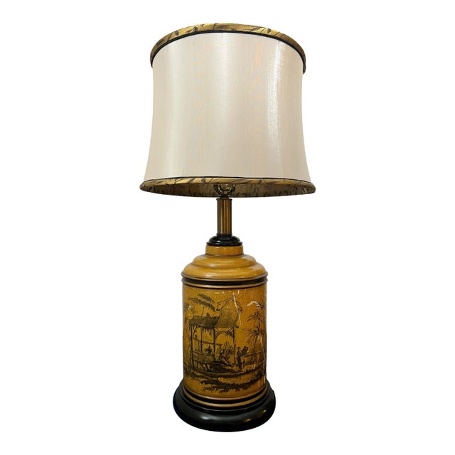 Mid 20th Century Paul Hanson Chinoiserie Ocher Yellow Ceramic Table Lamp With Original Shade For Sale