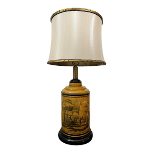 Mid 20th Century Paul Hanson Chinoiserie Ocher Yellow Ceramic Table Lamp With Original Shade