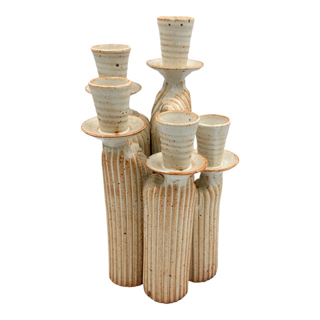 1960s Modernist Studio Pottery Speckled Ceramic Candelabra 5 Figures Candlesticks 10'' For Sale