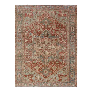 Early 20th Century Antique Heriz Rug With All-Over Medallion Design in Red, Blue, Pink, Tan & Brown